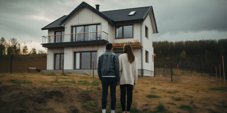 Couple looking at new house. back viewの素材