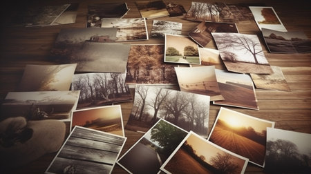 A collection of photos on a table with the word photography on the topの素材
