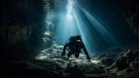 Diver's exploring underwater caveの素材