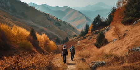 Couple of hikers on the trail in mountains. back viewの素材