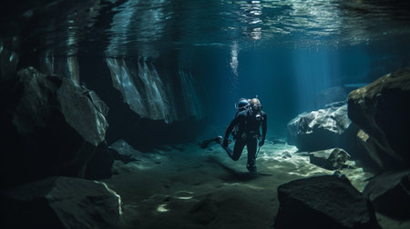 Diver's exploring underwater caveの素材