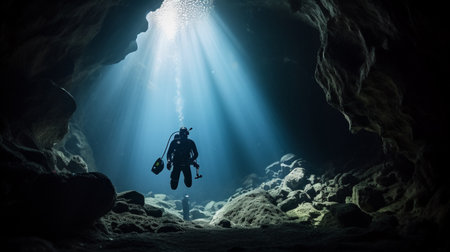 Diver's exploring underwater caveの素材