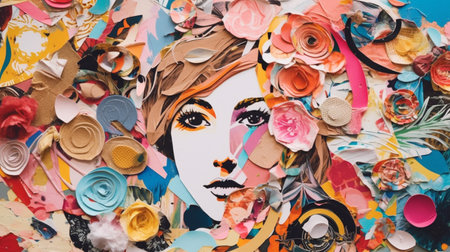 Creative art mood board. Handmade contemporary collage made of magazines and colorful paper cut clippings. mixed texture backgroundの素材