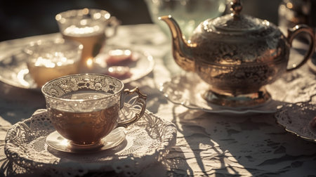 Elegant tea set on a lace tablecloth in sunlight. Outdoor brunch spring moodの素材