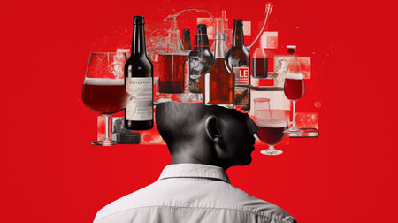 Contemporary art collage of male with TV instead head isolated over red backgroundの素材