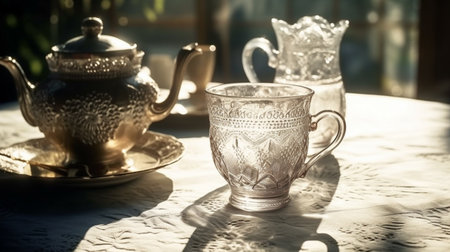 Elegant tea set on a lace tablecloth in sunlight. Outdoor brunch spring moodの素材