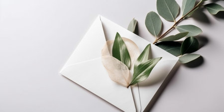 Elegant greenery on wedding invitation card. mock up template top viewの素材