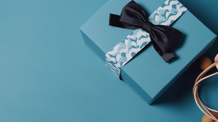 Father's Day concept. Top view photo of giftbox in blue necktie glasses with mustache and postcard on isolated blue backgroundの素材