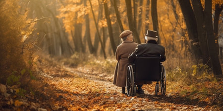 Elderly man and woman in wheelchair in autumn natureの素材