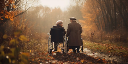 Elderly man and woman in wheelchair in autumn natureの素材