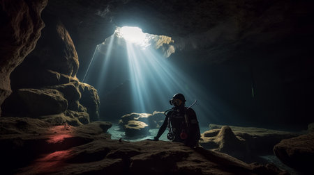 Diver's exploring underwater caveの素材