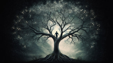 Mysterious tree with man in a dark forestの素材