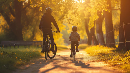 Father and son cycling together in the park at sunset. Happy family having fun outdoors.の素材