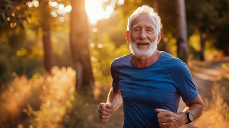 Portrait of active senior man jogging in the park at sunsetの素材