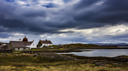Houses on the coast of the island of Mykines, Faroe Islandsの素材