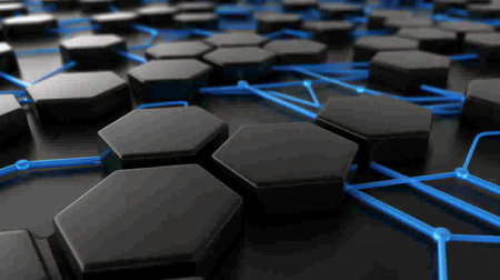 Black hexagons with blue lines on black background. 3d renderingの素材