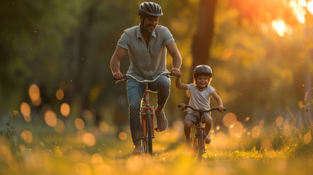 Father and son riding bikes in the park at sunset. Concept of friendly family.の素材