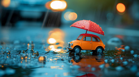 Car with umbrella in the rain. Rainy day concept. selective focusの素材