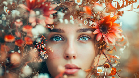 Portrait of a beautiful young woman in a wreath of flowers.の素材
