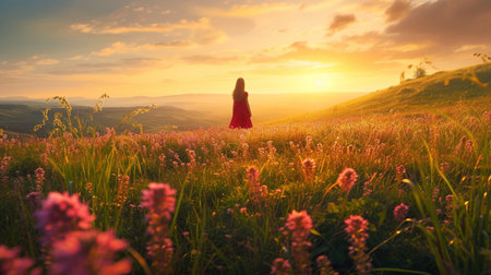 Young woman in red dress standing on the meadow and looking at sunsetの素材