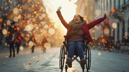 Young disabled woman in a wheelchair walking on the street at sunset.の素材