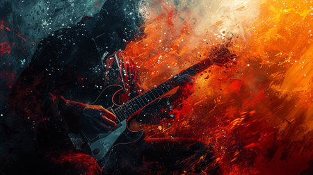 Guitarist playing electric guitar in the smoke on a dark backgroundの素材
