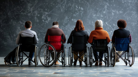 Rear view of group of people sitting in a wheelchair and looking at the wallの素材