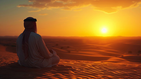 Arabian man meditating in the desert at sunset, Dubai, United Arab Emiratesの素材
