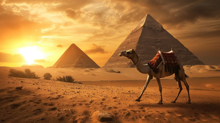 3D rendering of a camel with pyramids in the background at sunsetの素材