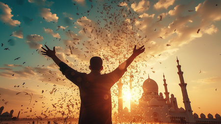Silhouette of a muslim man raising his hands in front of the mosqueの素材