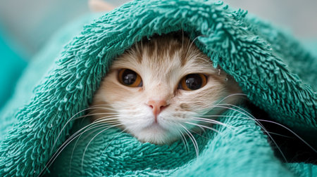 Cute cat in a turquoise towel under the blanket.の素材