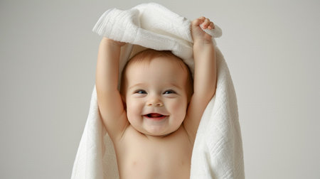 Portrait of a cute baby wrapped in a towel on a white backgroundの素材