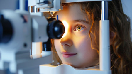 Cute little girl doing eye test in ophthalmic laboratory.の素材