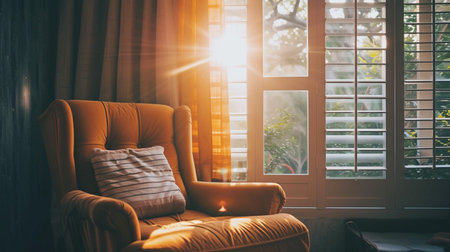 Comfortable armchair with pillows in the living room at sunsetの素材