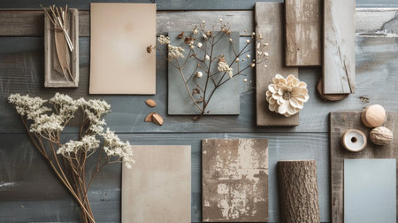 Flat lay composition with vintage books and dried flowers on wooden backgroundの素材