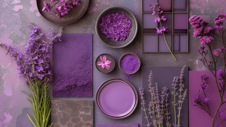 cosmetic products and lavender flowers on dark background, top viewの素材