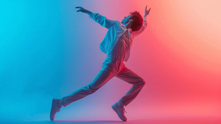 stylish young man in stylish suit dancing in studio on gradient backgroundの素材