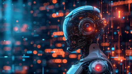 3d rendering artificial intelligence robot or cyborg working in data centerの素材