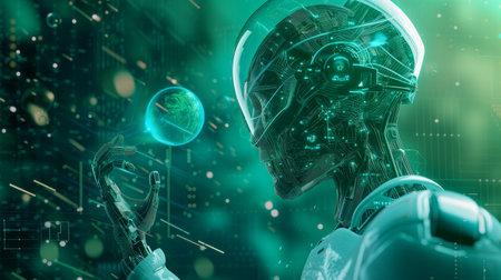 3D rendering humanoid robot working with planet earth hologram over green backgroundの素材