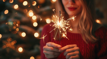 Woman holding burning sparkler front on Christmas treeの素材