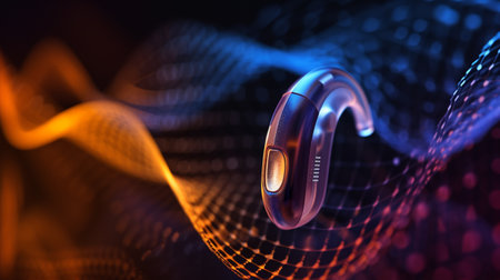 In-ear hearing aid on sound waves backgroundの素材