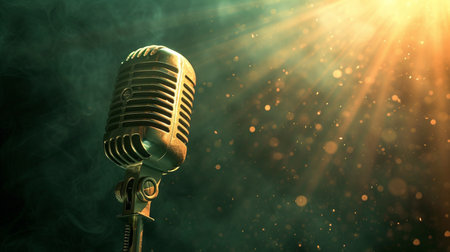 We draw a retro microphone and beam background, taking inspiration from iconic designs from the 1970s. Use harsh textures and bold contrastsの素材