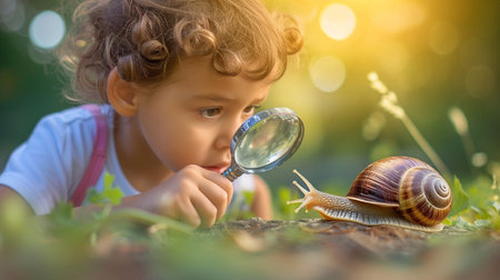 The child looks at the snail through a magnifying glassの素材