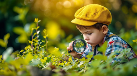 Boy looks at nature with magnifying glassの素材