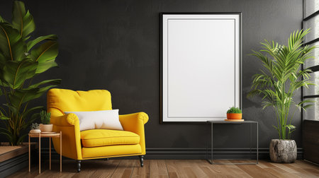 Blank picture frame, Living room with yellow armchair. mock upの素材