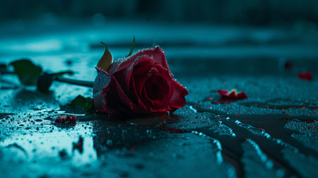 Red rose on a dark background with drops of water. Copy space.の素材