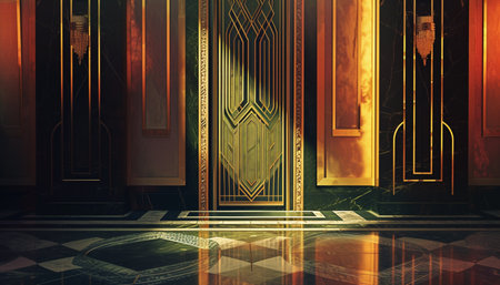 3d rendering of a golden door in a room with a marble floorの素材