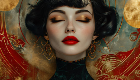Portrait of a beautiful young woman with black hair and red lips.の素材