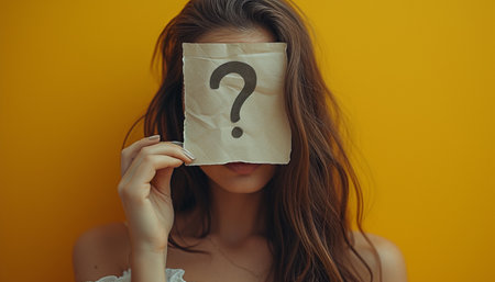 young woman covering her face with paper with question mark on yellow backgroundの素材