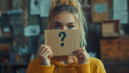 Young woman holding cardboard box with question mark on it in her faceの素材